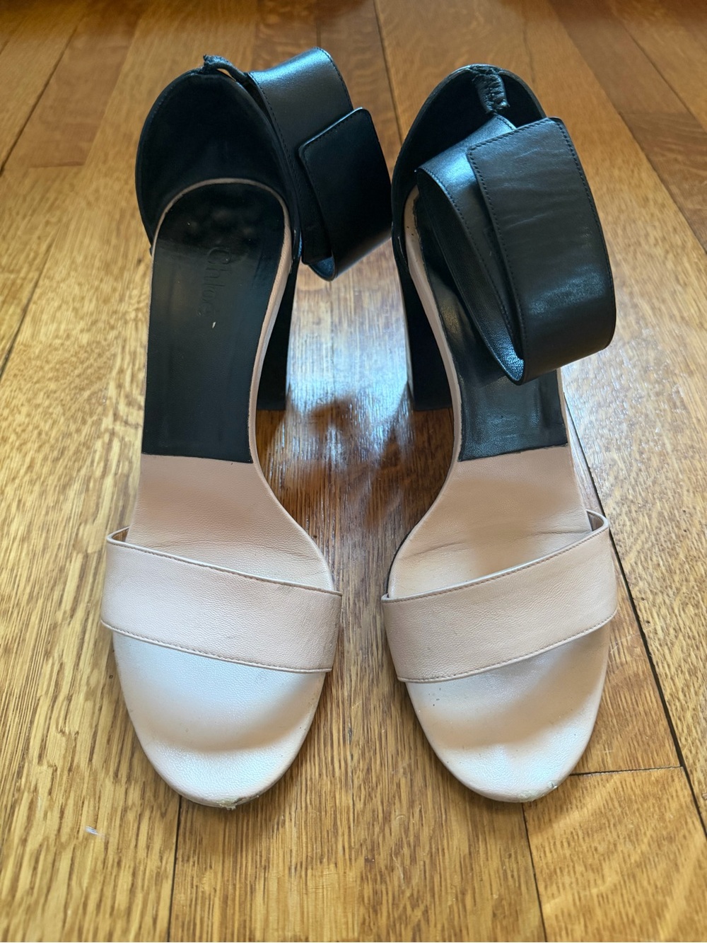 Chloe Two-Tone Open-Toe Block Heel Sandals — Black & Cream